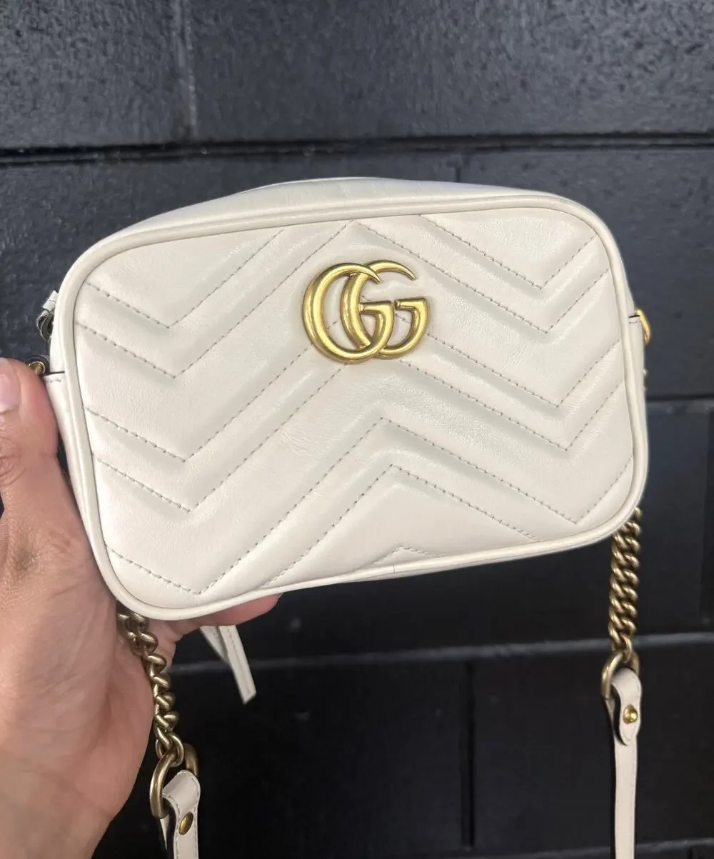 Gucci GG Marmont Small White Matelasse Leather Chain Crossbody Shoulder Bag